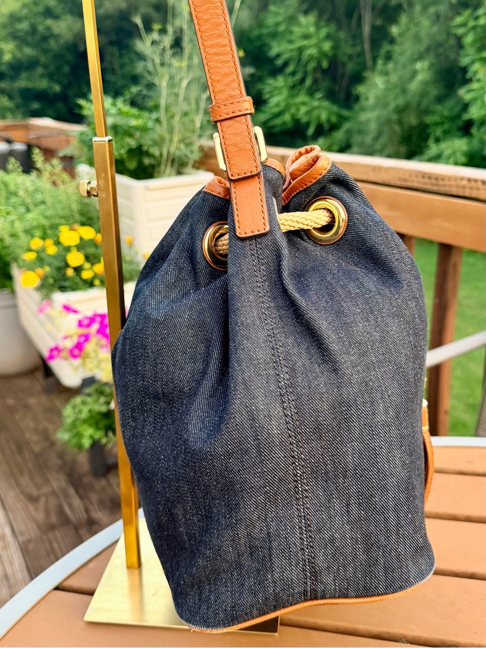 Michael Kors Marina Large Denim Drawstring Bucket Crossbody Bag w/ Branded Dusty - Picture 12 of 16
